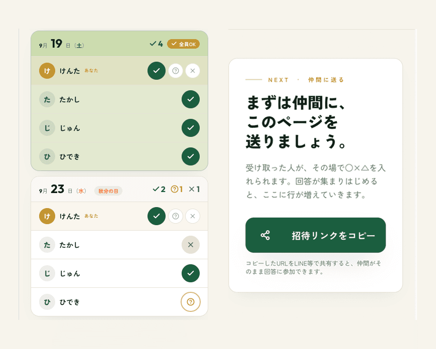 候補日への回答画面。4人全員が◯を押し、9月19日に「全員OK」が付いている